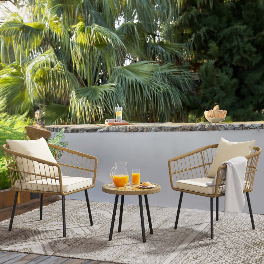 Dextrus 3 Piece Outdoor Wicker Furniture Patio Bistro Set, PE Rattan Wicker Chairs Set with Table and Cushions, Porch Balcony Furniture Set for Porch Backyard Pool, Beige - Image 7