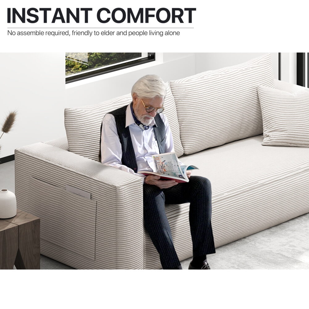 FocalSweet 89" Living Room Sleep Sofa, Deep Seat Corduroy Couch with Side Pocket,No Assembly Required, 3 Seater, White - Image 7