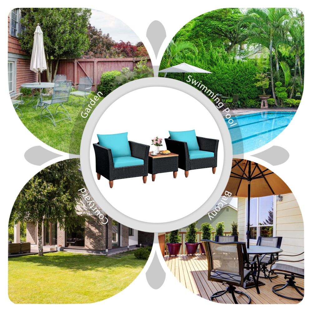 Gymax Fashion 3PCS Patio Rattan Conversation Furniture Set Yard Outdoor w/ Turquoise Cushions - Image 4