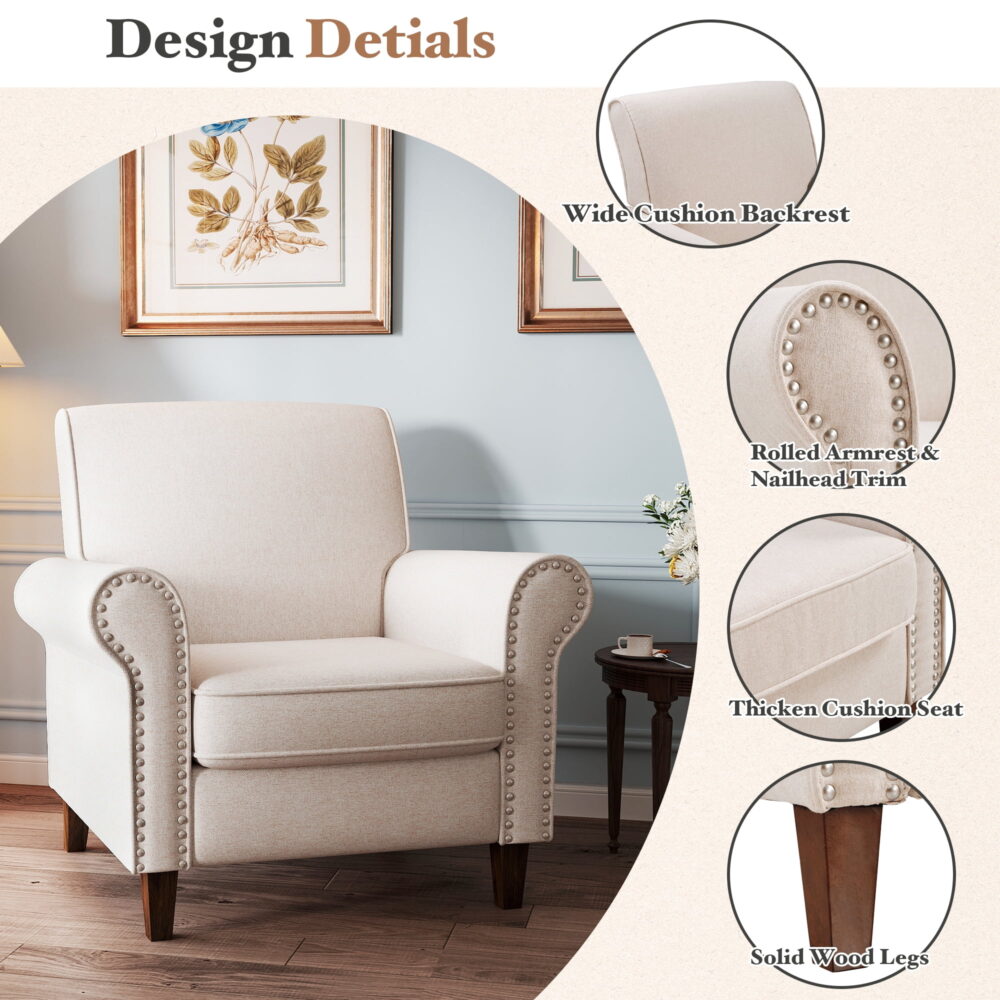 TrumanPick Linen Accent Chairs Upholstered Armchair with Nail-Head Trim Cozy Arm Chair for Living Room Bedroom,Beige - Image 5