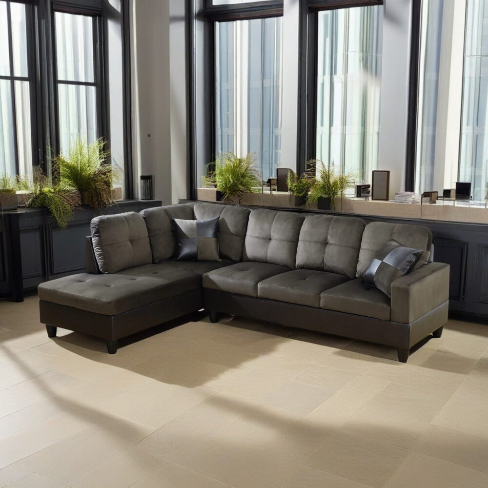 Hommoo Modern L Shaped Sectional Couch, 4 Seats Flannel and PVC Sectional Sofa Couch Set, Living Room Furniture Set, Dark Brown - Image 2