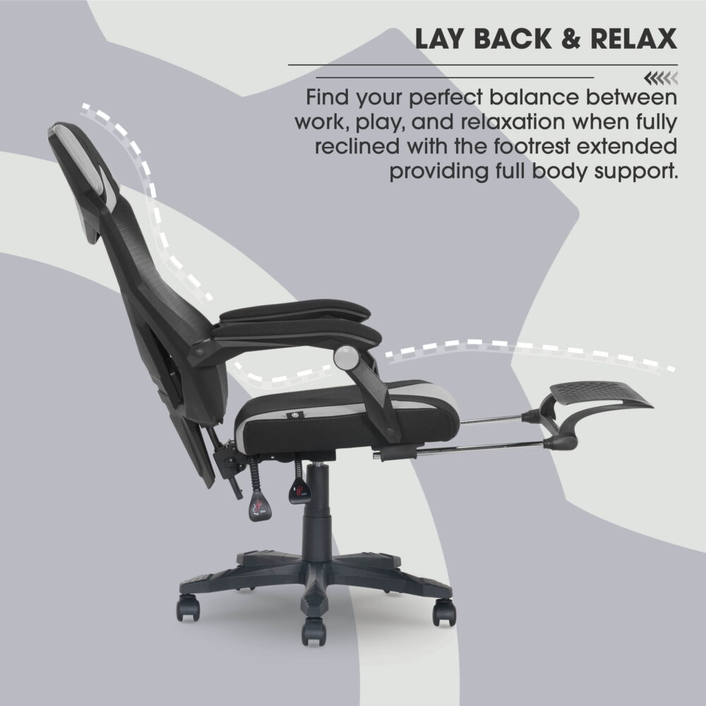 Gamer Gear Gaming Office Chair with Extendable Leg Rest, Gray/Black Fabric Upholstery - Image 6