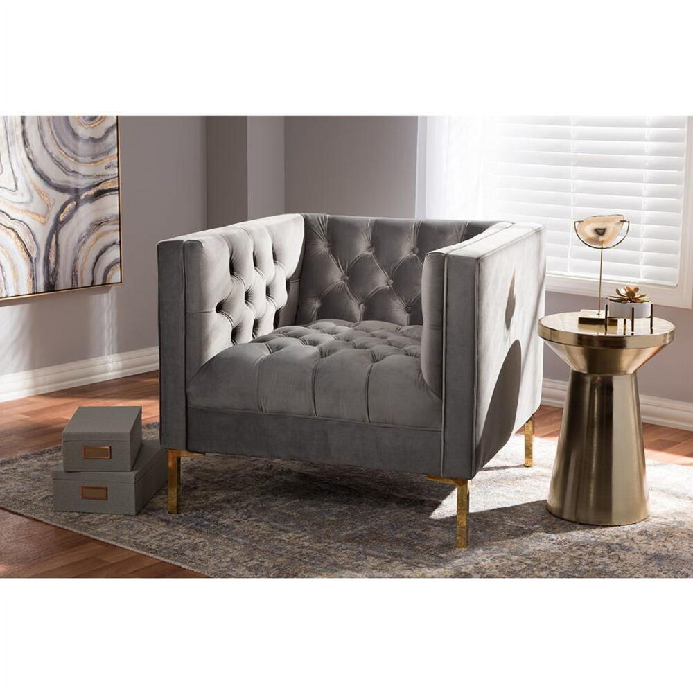 Baxton Studio Zanetta Luxe and Glamour Grey Velvet Upholstered Gold Finished Lounge Chair - Image 3