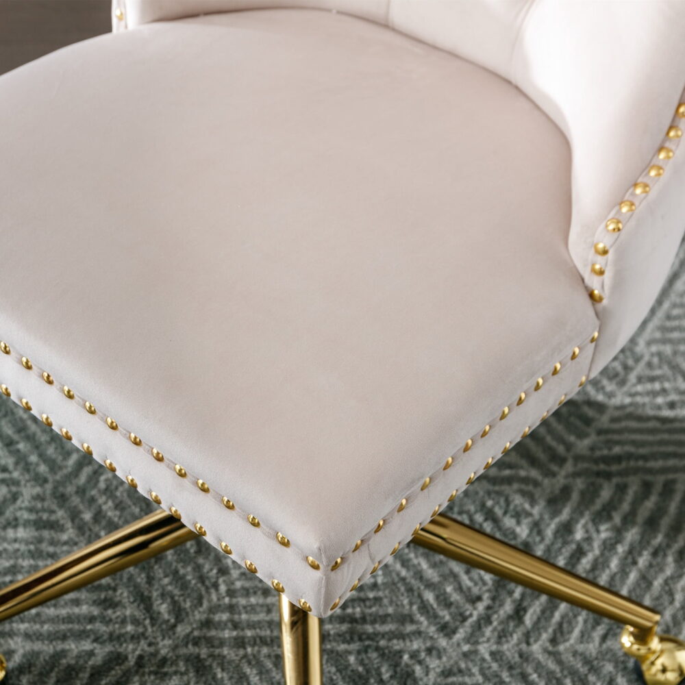 PORKISS Office Chair, Velvet Upholstered Home Office Chair with Gold Metal Base, Adjustable Swivel Desk Chair with Tufted Button, Beige - Image 3