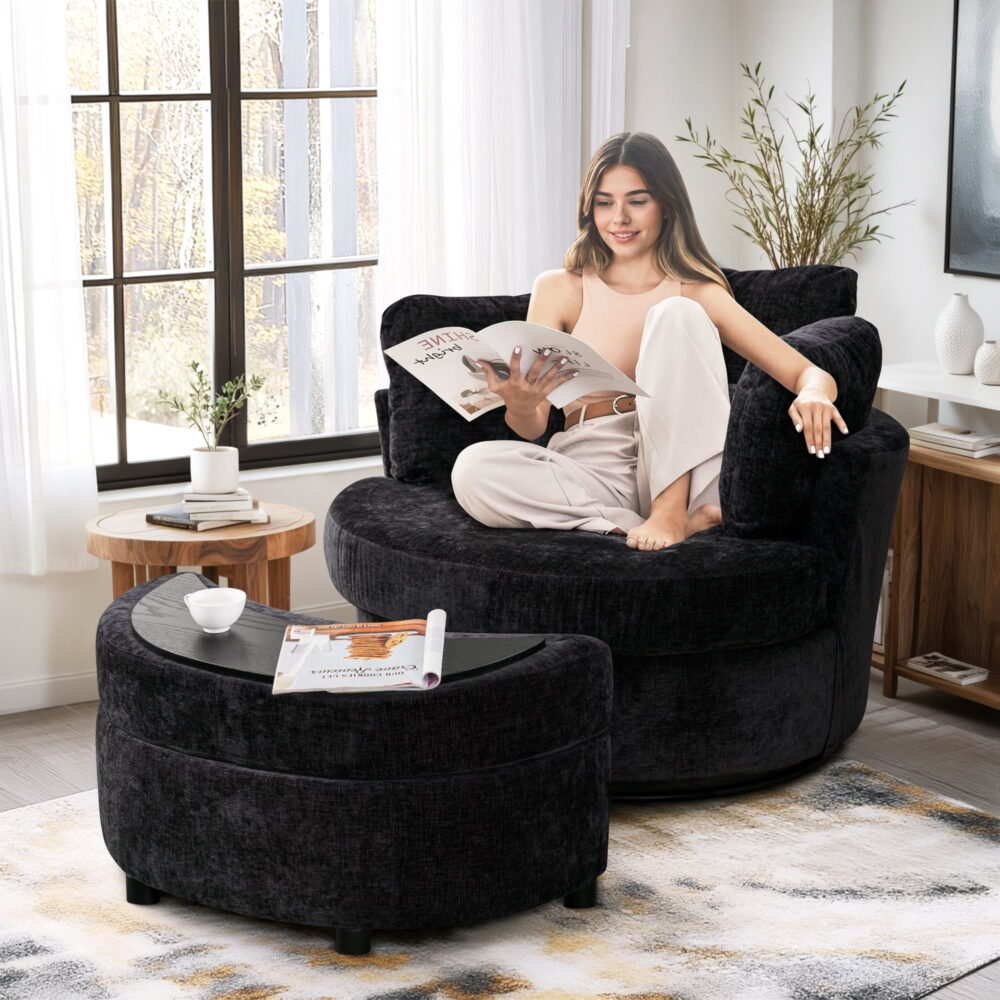 Dinosisco Oversized Swivel Accent Barrel Chair with Storage Ottoman, Chenille, Indoor, Black - Image 4