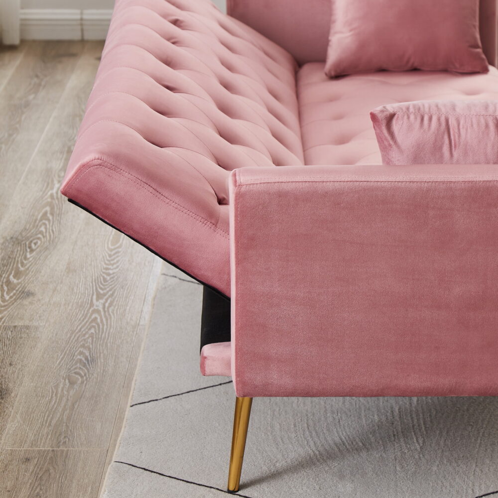 71 Inches Velvet Futon Sofa Bed with 2 Pillows,Modern Convertible Futon Couch with Adjustable Backrest,Pink - Image 7