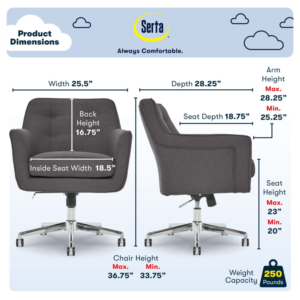 Serta Ashland Office Desk Chair, Button Tufted Mid-Back, Memory Foam Cushion, Chrome Swivel Base, Dark Gray - Image 2