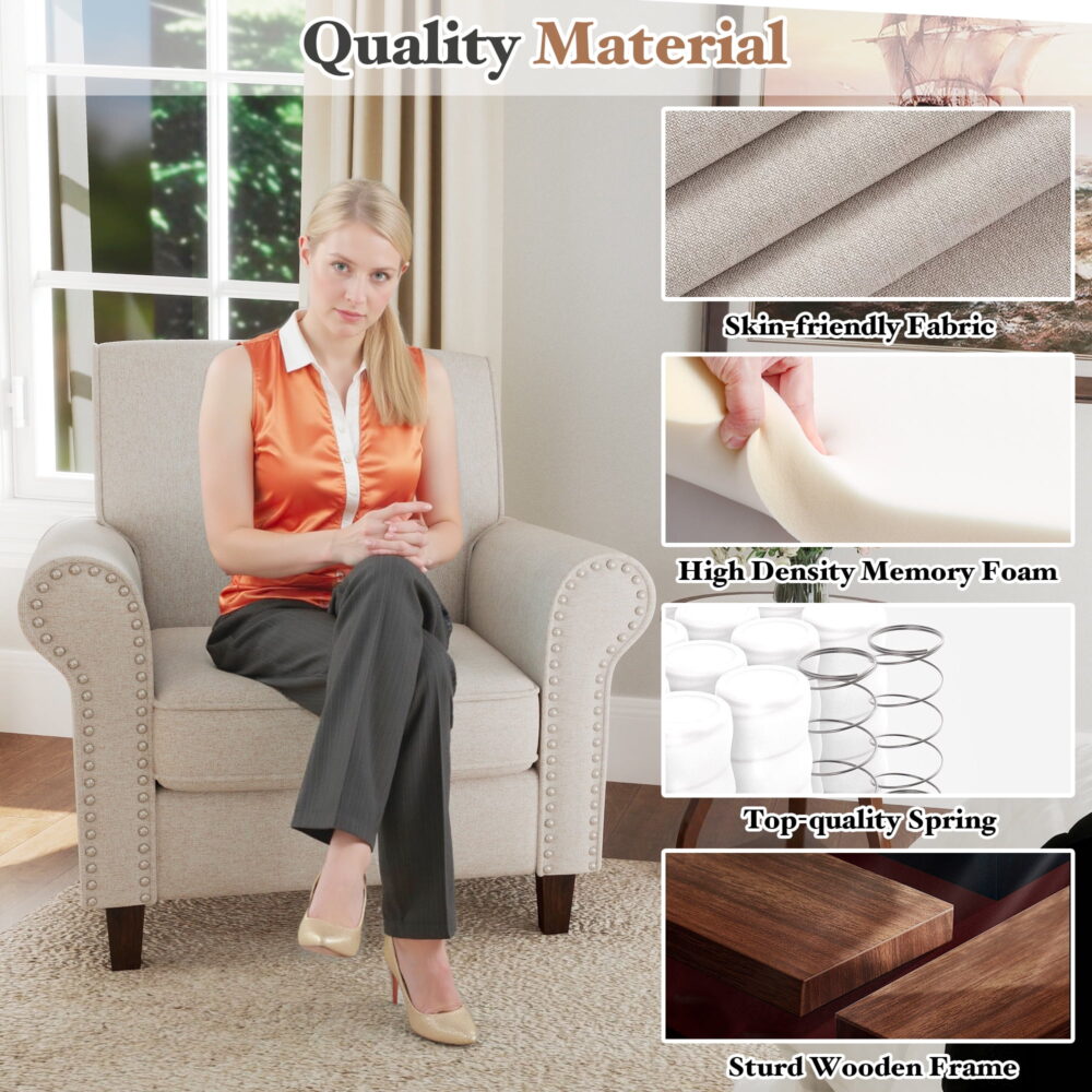 TrumanPick Linen Accent Chairs Upholstered Armchair with Nail-Head Trim Cozy Arm Chair for Living Room Bedroom,Beige - Image 2