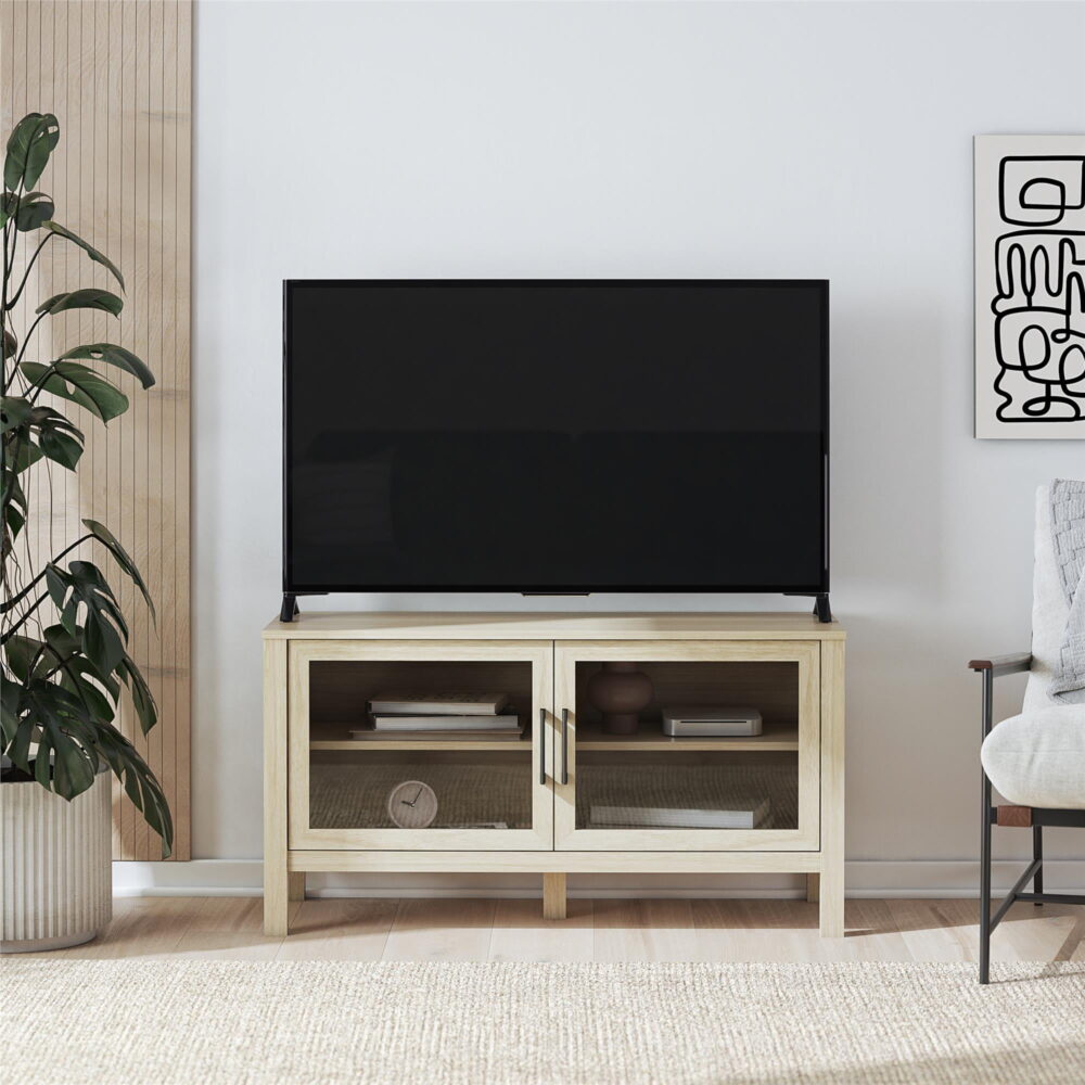 Mainstays Glass Door TV Stand for TVs up to 55", Spring Pine - Image 3