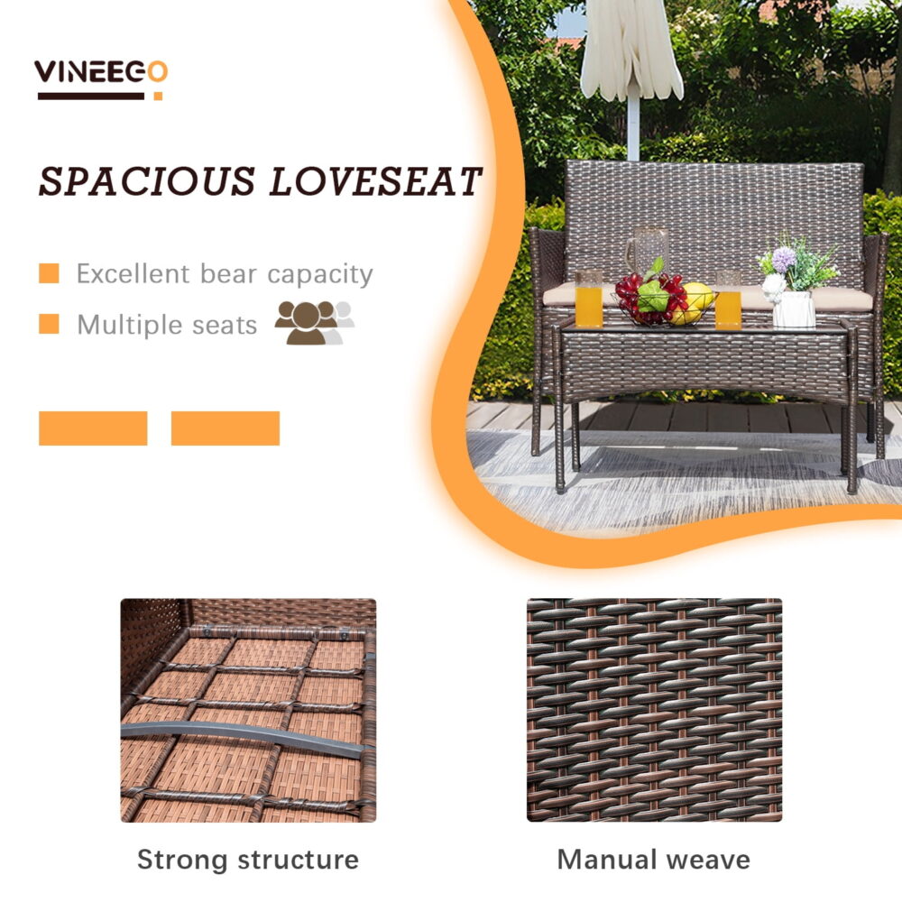 Vineego 4 Pieces Outdoor Patio Furniture Sets Conversation Sets Rattan Chair Wicker Sets with Cushioned Tempered Glass - Image 5
