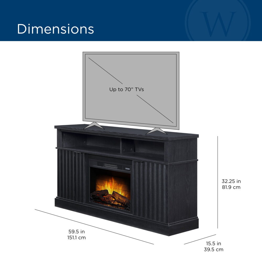 Whalen Furniture Harris Fluted Media Fireplace Console for TVs up to 70”, Black Finish - Image 5