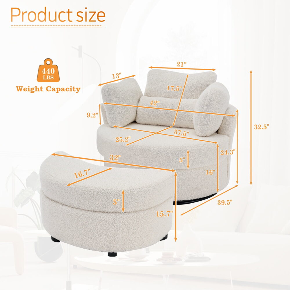Dinosisco Oversized Swivel Accent Barrel Chair with Storage Ottoman, White Teddy - Image 5