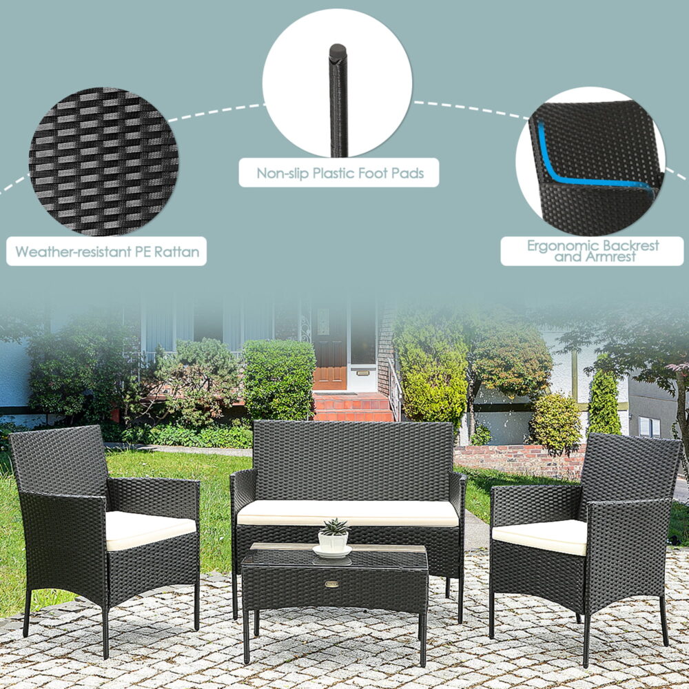 Gymax Fashion 4PCS Outdoor Furniture Set Patio Rattan Conversation Set w/ Beige Cushion - Image 3
