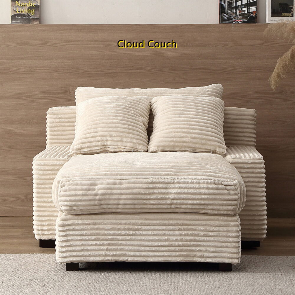 Aukfa 49" Chaise Lounge Oversized Corduroy Sofa Plush Chair Bed w/ 3 Pillows for Living Room, Beige - Image 4