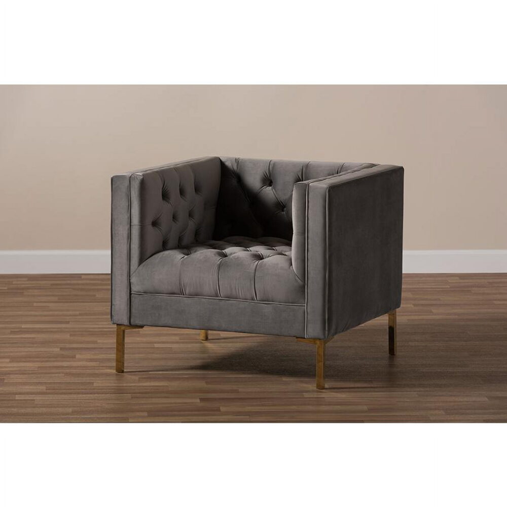 Baxton Studio Zanetta Luxe and Glamour Grey Velvet Upholstered Gold Finished Lounge Chair - Image 5