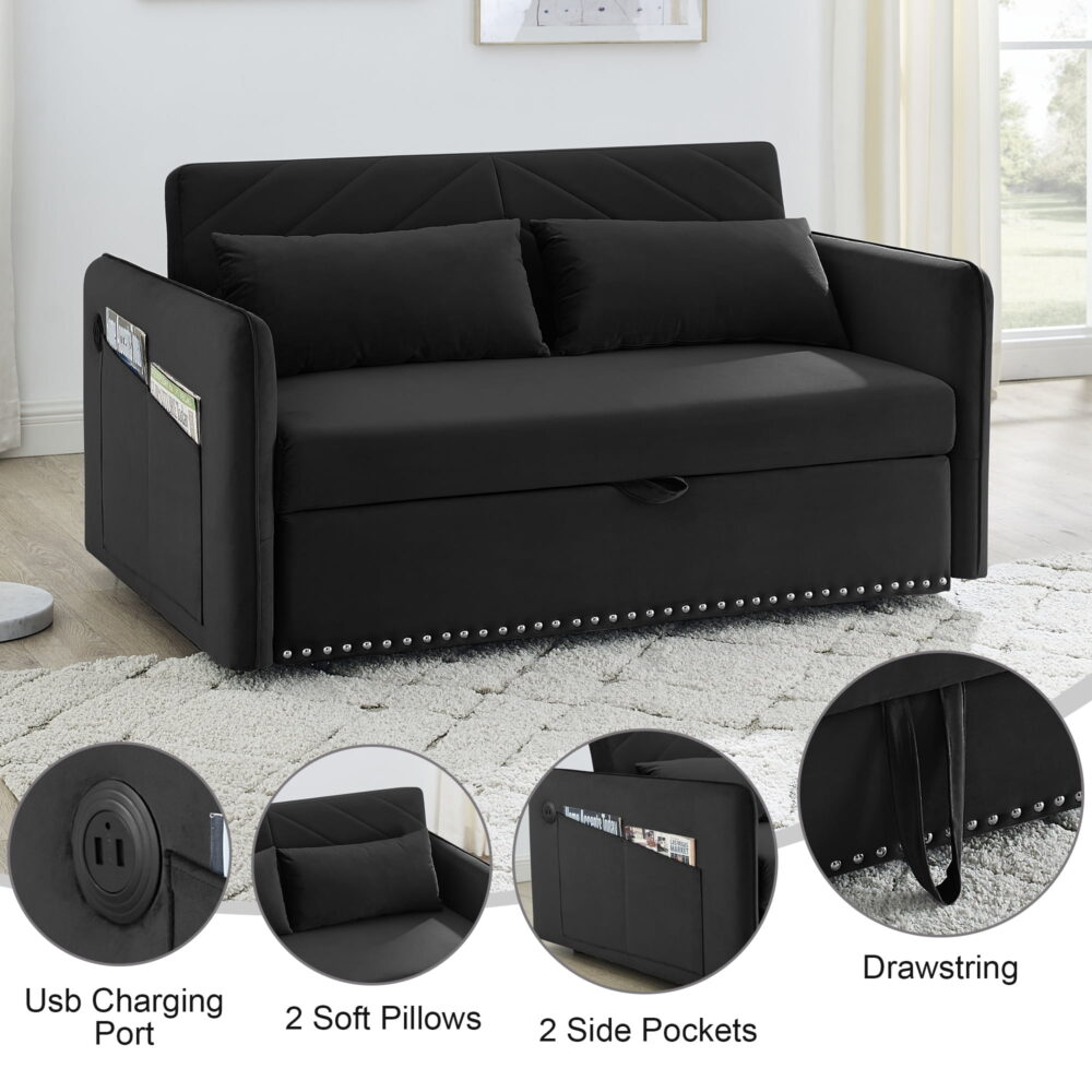 Aukfa 3 in 1 Convertible Sleeper Sofa Bed with 2 Pillows & USB Port, 55" Velvet Loveseat Sofa, Black - Image 2