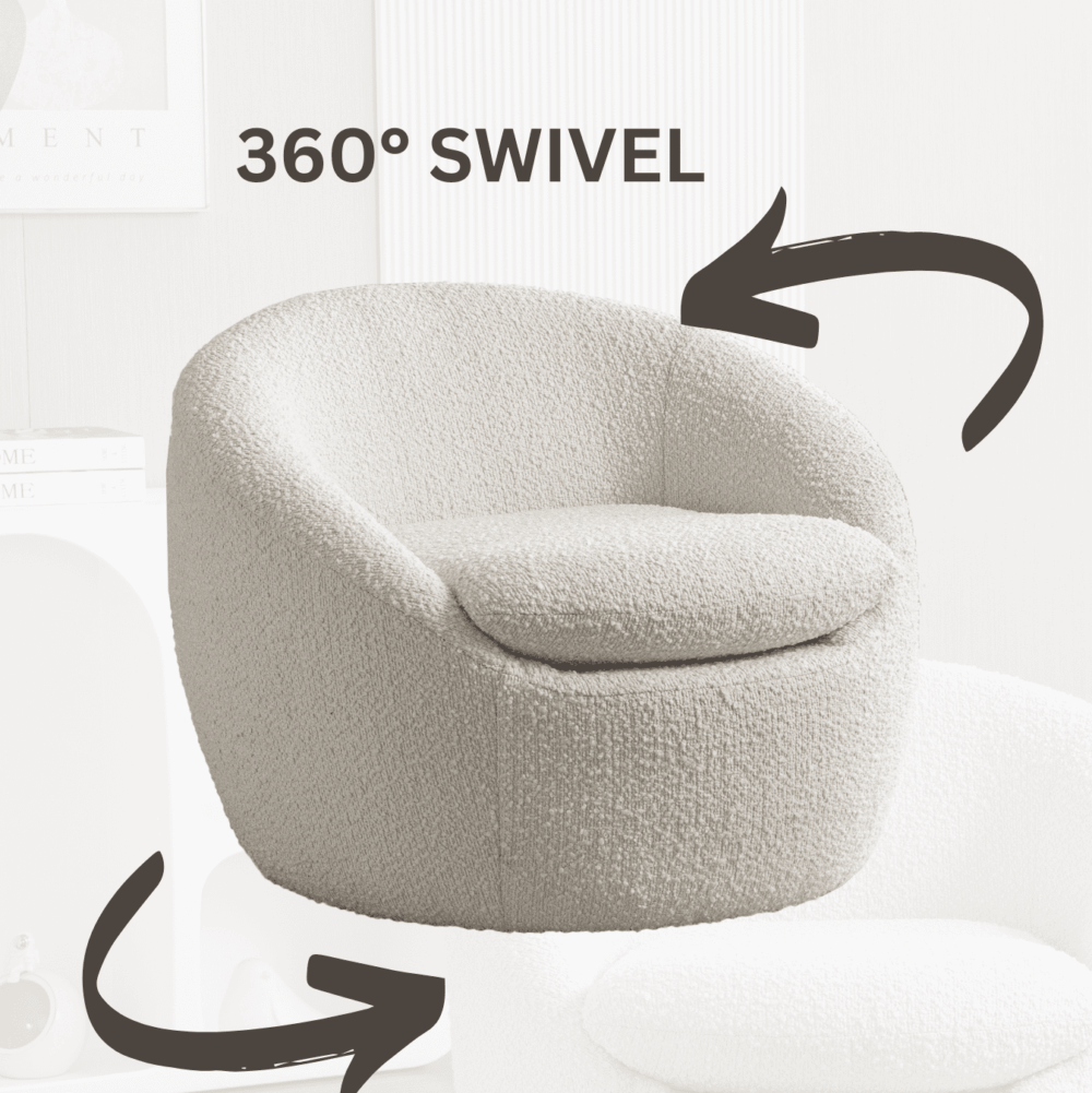 Roundhill Furniture Winnie Modern Teddy Boucle Fabric Barrel Chair, 360 Degree Swivel, White - Image 4