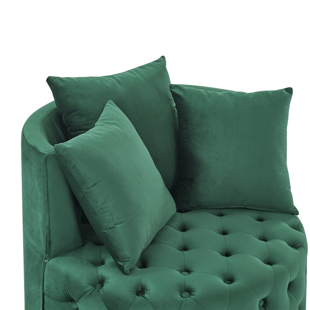 DEALTOPS Velvet Upholstered Swivel Chair for Living Room, with Button Tufted Design and Movable Wheels, Including 3 Pillows-Green - Image 7