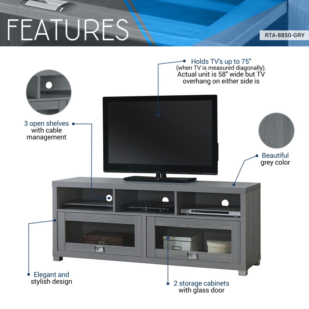 Techni Mobili 58" Durbin TV Stand for TVs up to 75", Gray - Image 3