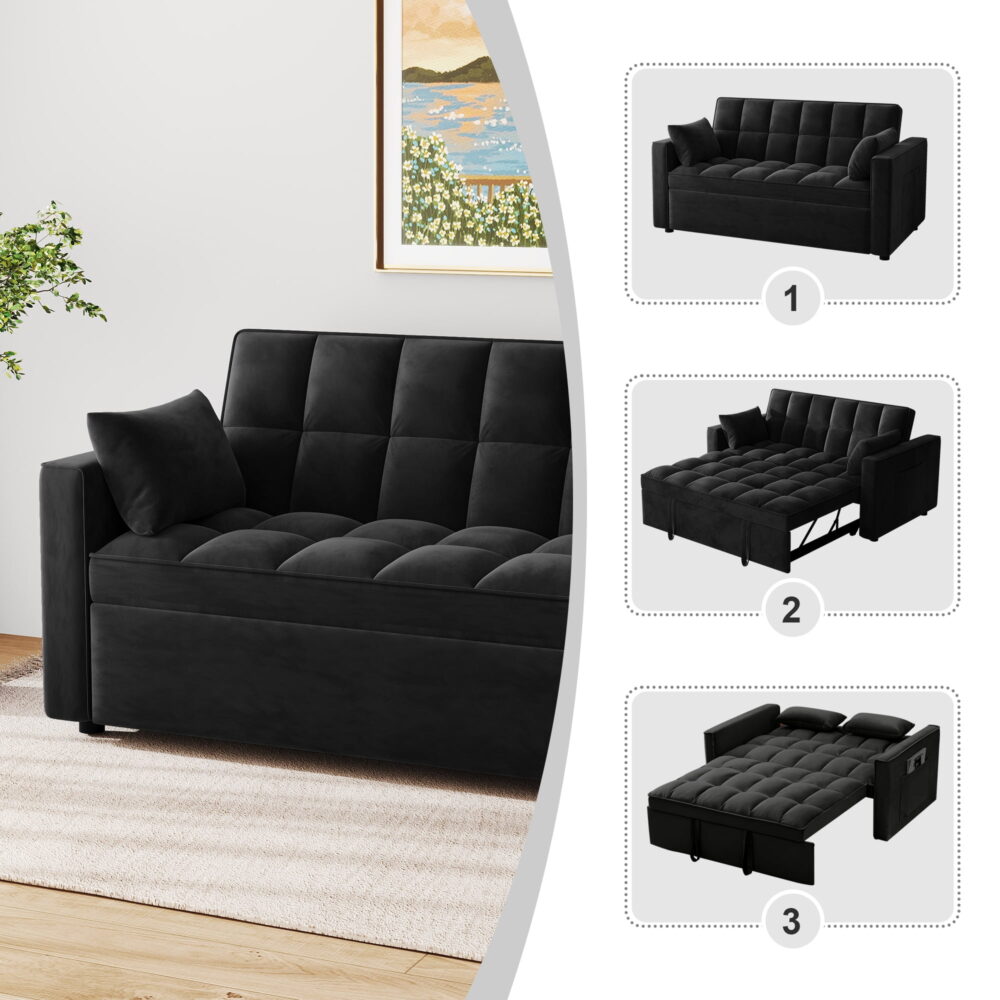 AENKYO Convertible Pull-Out Loveseat Sleeper Sofa Bed for Living Room, Modern Upholstered Futon in Black - Image 4