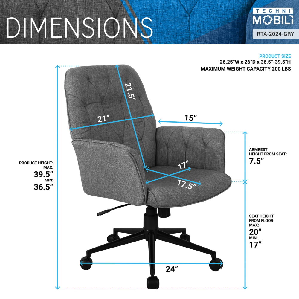 Techni Mobili Modern Upholstered Tufted Executive Chair with Arms, Grey RTA-2024-GRY - Image 4