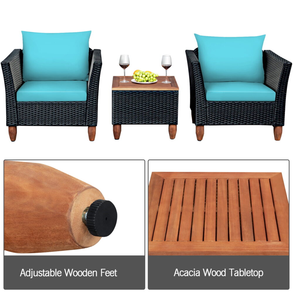 Gymax Fashion 3PCS Patio Rattan Conversation Furniture Set Yard Outdoor w/ Turquoise Cushions - Image 6