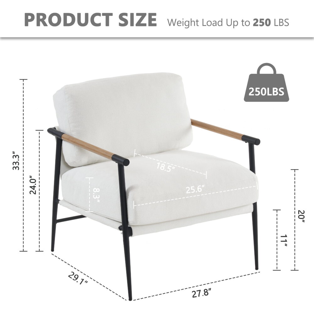 Othniel White Accent Chair Armchair Chenille Mid Century Modern Accent Chair Metal Leg Comfy Cushion - Image 2