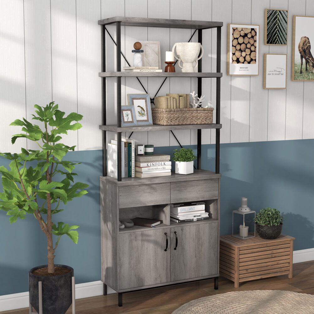 Furniture of America Brix Multi-Storage Wood Adult Bookcase, Vintage Gray Oak - Image 4