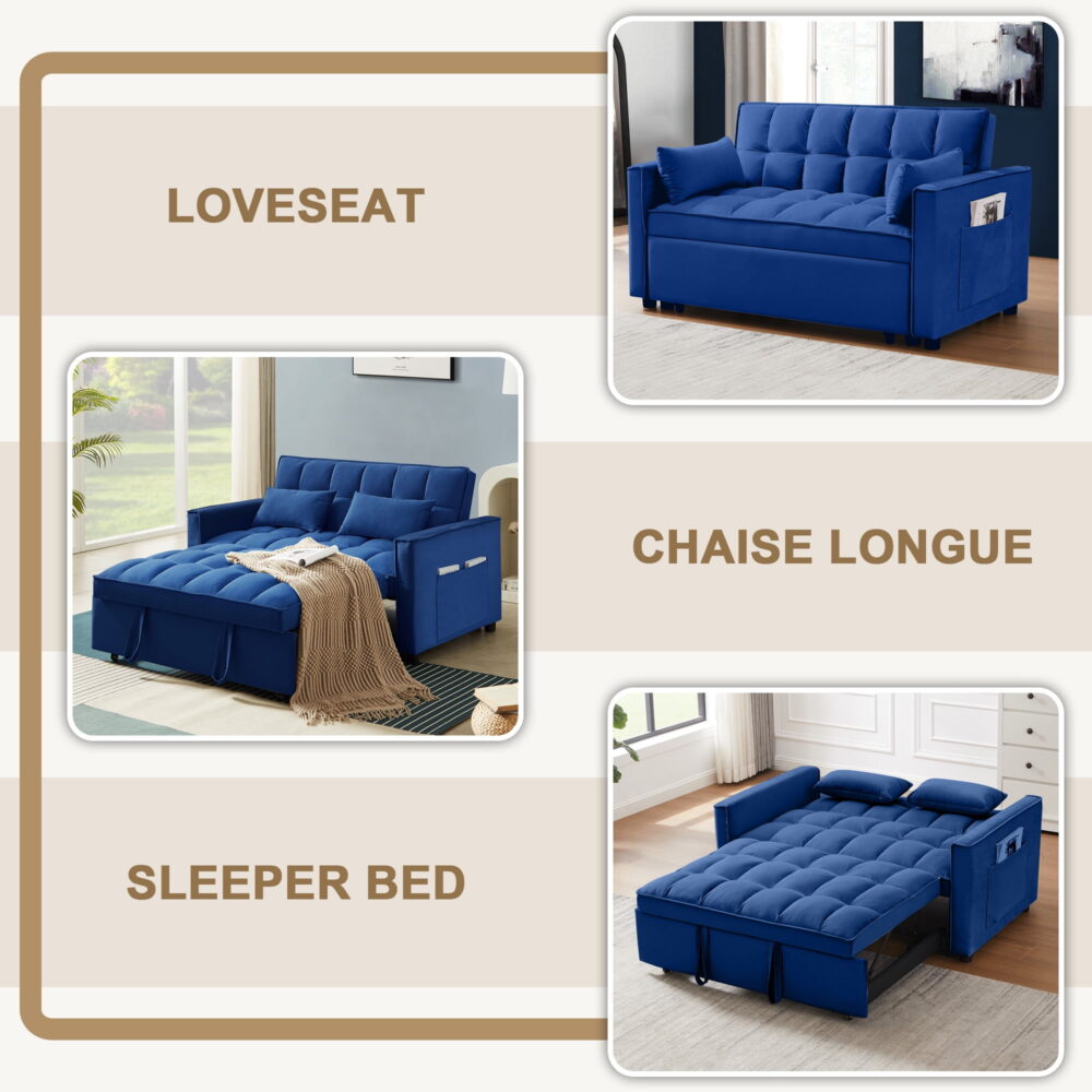 Momspeace Loveseat Convertible Sleeper Sofa Bed, Blue - Image 3