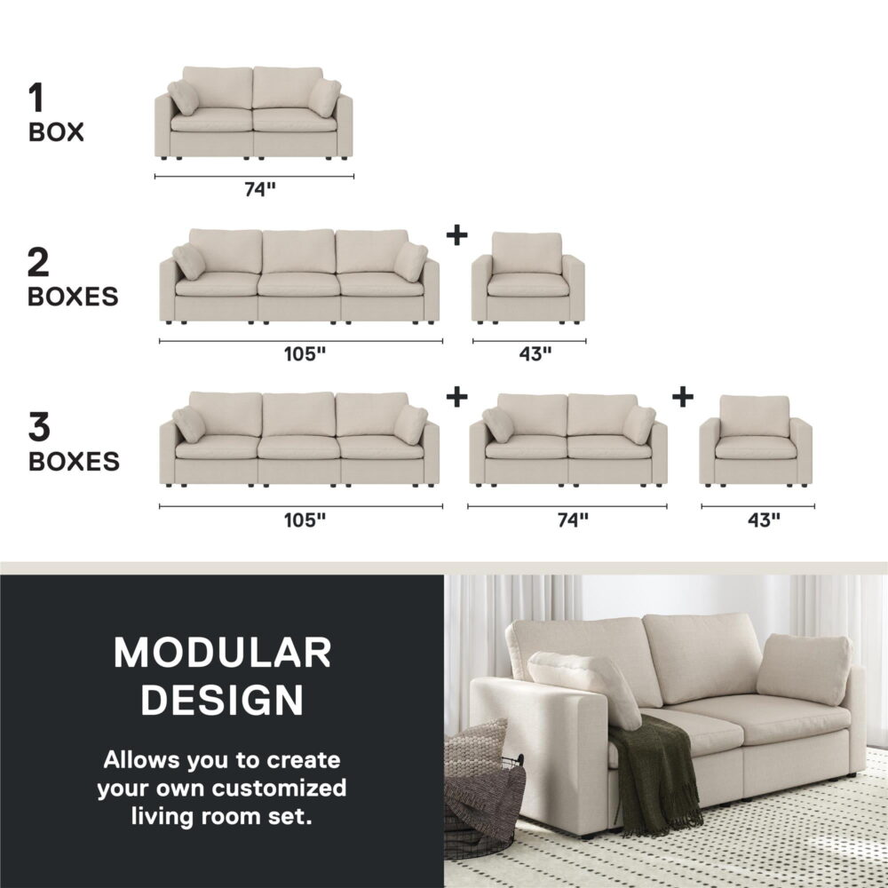 Mainstays Chatham Cloud 74" 3 Seater Upholstered Sofa Couch Modular Design, Cream - Image 6