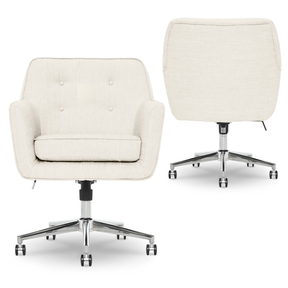 Serta Ashland Office Desk Chair, Button Tufted Mid-Back, Memory Foam Cushion, Chrome Swivel Base, Ivory - Image 6