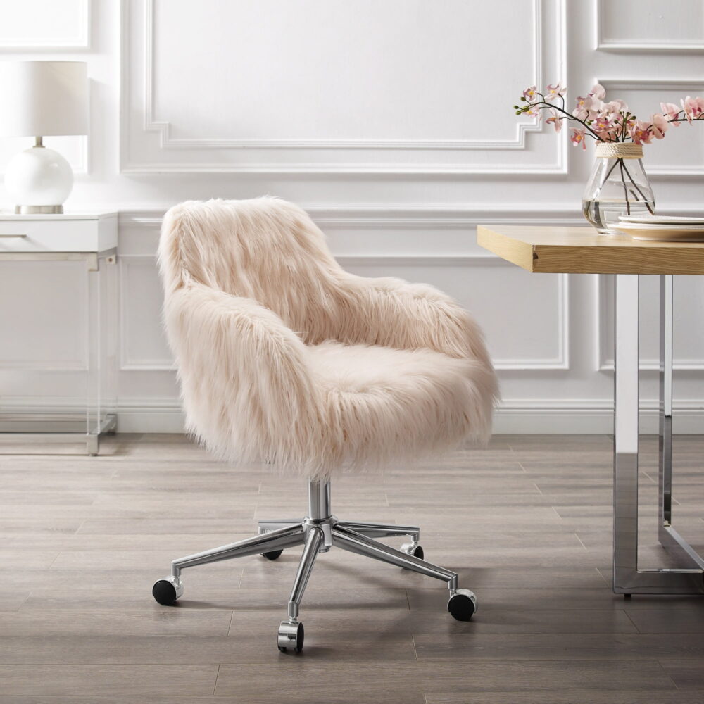 Linon Fiona Faux Fur Swivel Office Chair with Wheels in Pink - Image 3