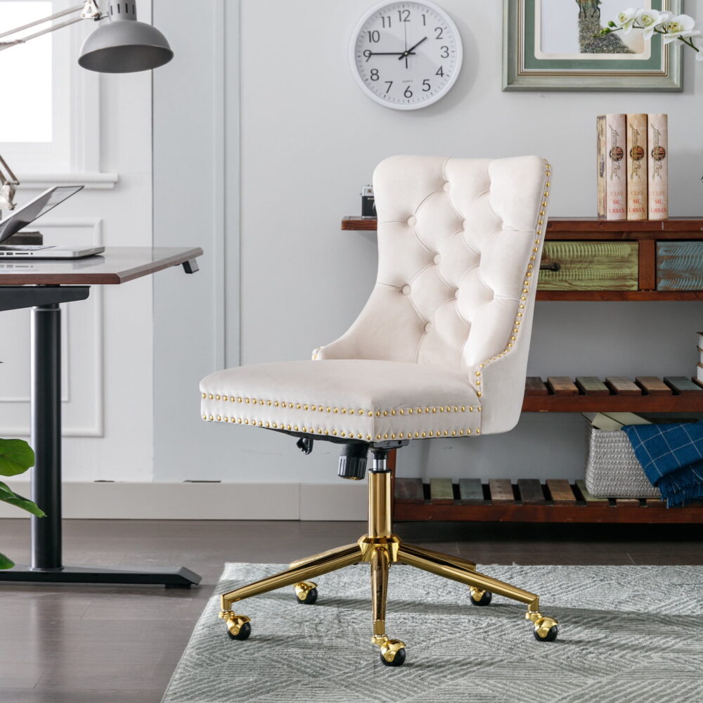 PORKISS Office Chair, Velvet Upholstered Home Office Chair with Gold Metal Base, Adjustable Swivel Desk Chair with Tufted Button, Beige - Image 2