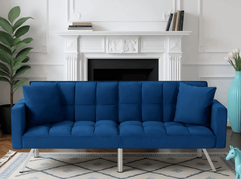 Gewnee 74"Velvet Upholstered Modern Convertible Futon, Adjustable Folding Sofa Bed, Guest Bed for Living Room, Bedroom, Apartment (Navy Blue) - Image 6