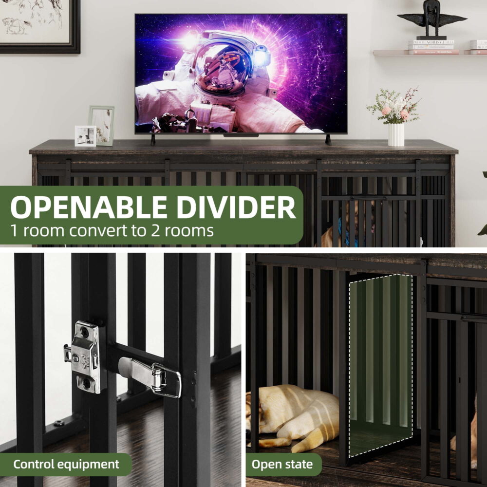 Uforic 71-Inch Farmhouse TV Stand for TVs up to 65",Heavy Duty Dog Crate Furniture with 4 Dog Bowl - Black - Image 4