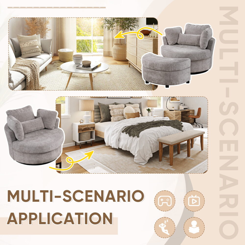 Dinosisco Oversized Swivel Barrel Accent Chair, Chenille Adult Comfy Reading Armchair, Gray - Image 7