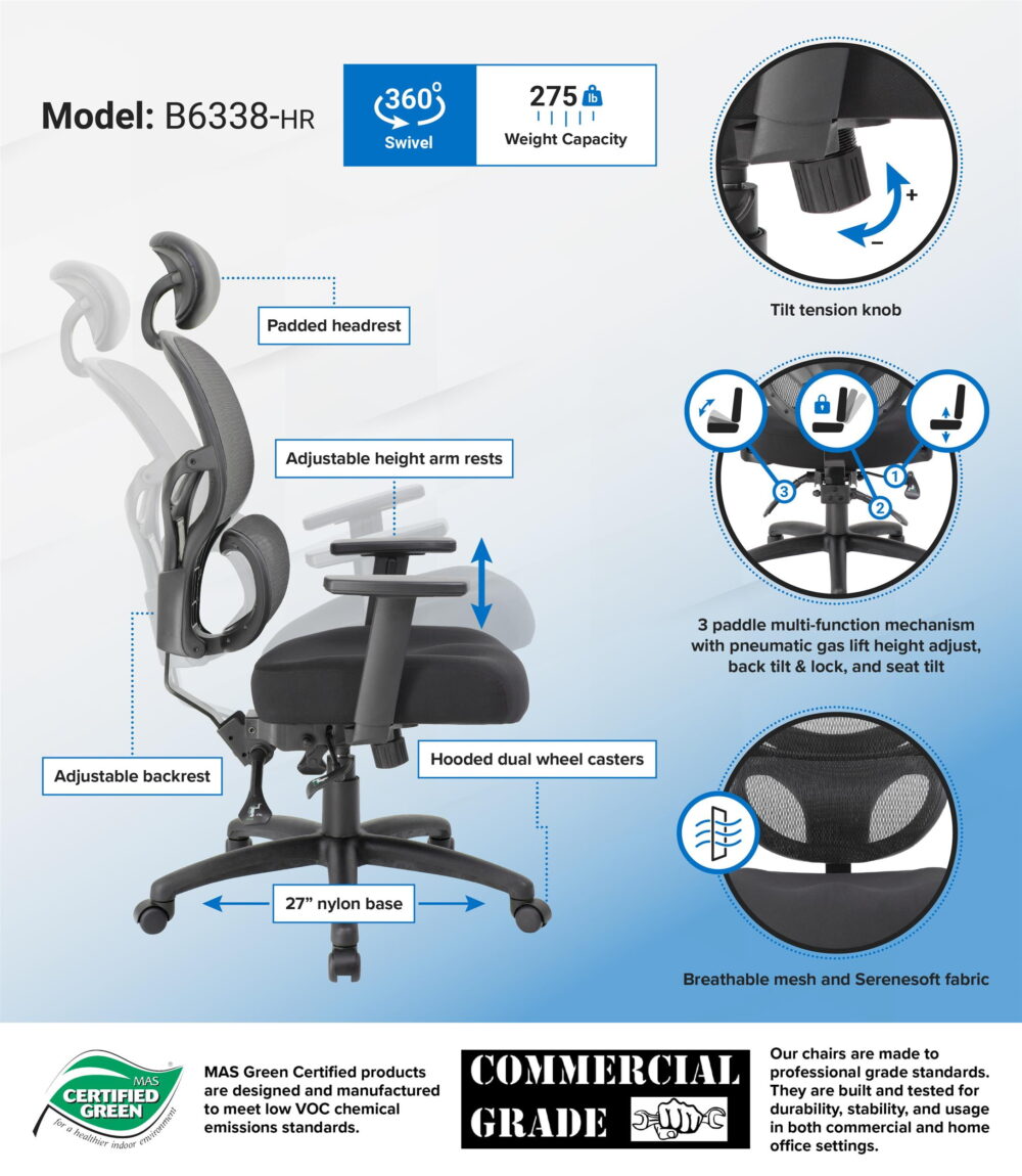 Boss Office Products Multi-Function Mesh Task Chair w/Headrest - Image 5