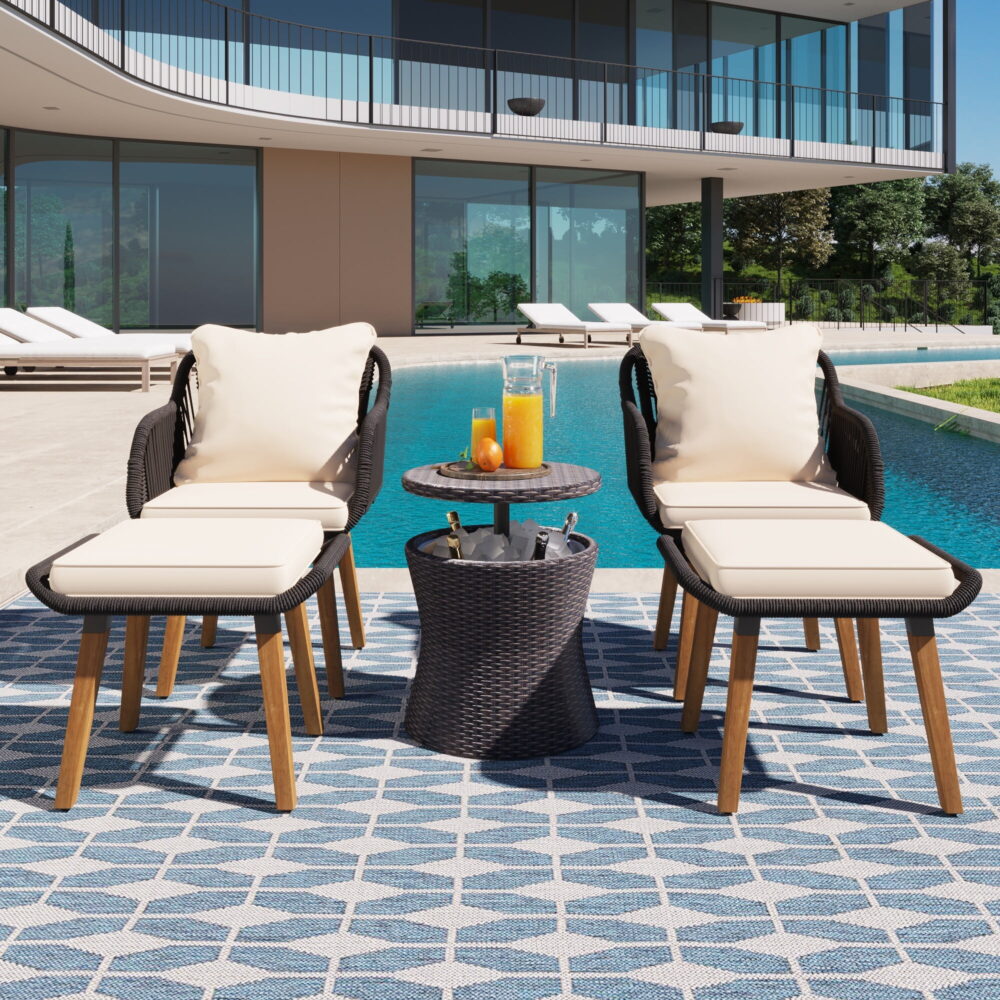 AENKYO 5-Piece Rope Patio Furniture Set with Wicker Pop-Up Cooler Table, Cushioned Chairs & Ottomans, Black - Image 3