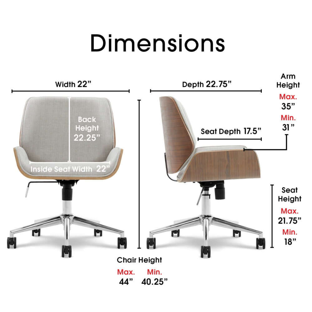Elle Decor Ophelia Office Chair, Curved Bentwood Low-Back and Seat, Chrome Swivel Base, Woven Fabric, Gray - Image 2