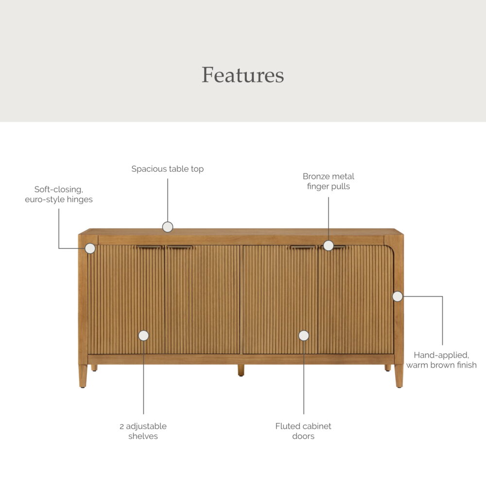 My Texas House Linden Fluted Buffet Cabinet Sideboard with Adjustable Shelves, Warm Brown - Image 2