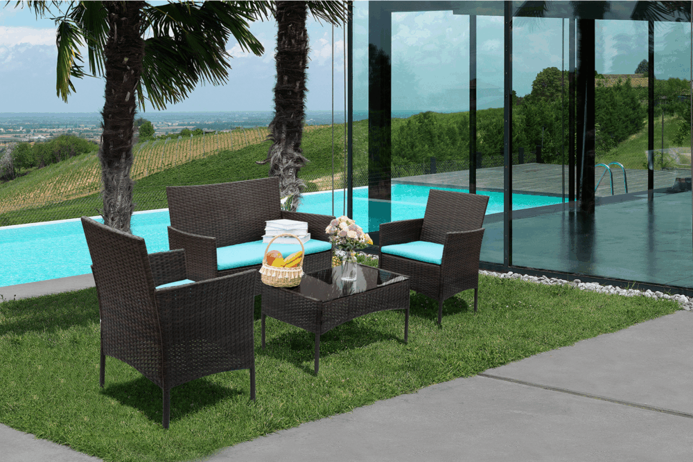 Vineego 4 Pieces Outdoor Patio Furniture Sets Conversation Sets Rattan Chair Wicker Sets with Cushioned Tempered Glass, Blue - Image 2