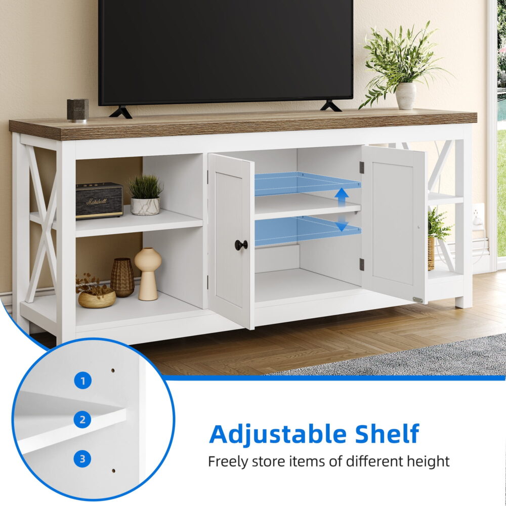 Dextrus White TV Stand up to 65 Inches w/Power Outlets, Farmhouse Entertainment Center Cabinet with Storage for Living Room - Image 4