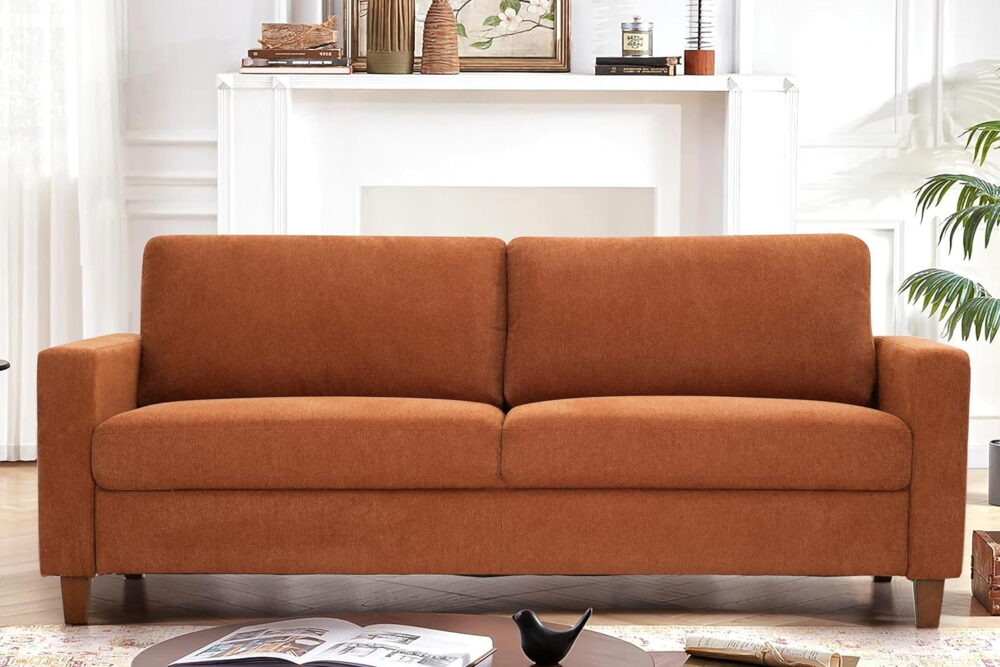 US Pride Furniture Mid Century Modern Couch for Small Spaces Living Rooms Apartments and Condos 3-Seater Sofa with Reversible Back Pillows Orange - Image 2