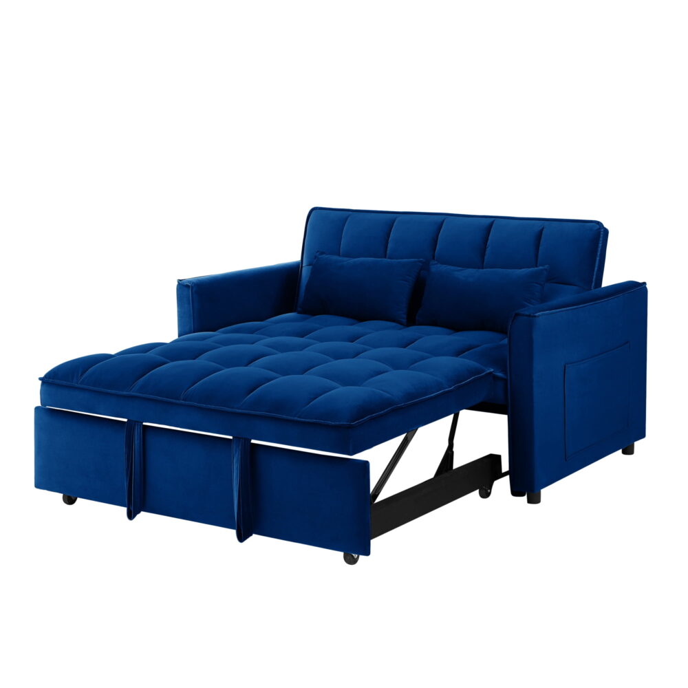 3 in 1 Sleeper ,55" Modern Velvet Convertible Pull Out Bed, Loveseat with 2 Toss Pillows and Adjustable Backrest for ,Blue - Image 4