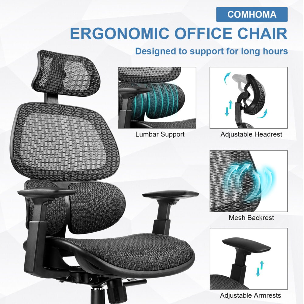 Comhoma Erogonomic High Back Mesh Office Computer Chair, Black - Image 3