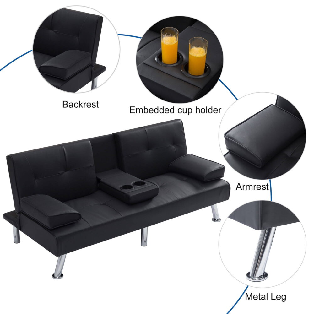 Sofa Bed with Cup Holder Convertible Futon Couches Adjustable Backrest Modern Faux Furniture Upholstery for Living Room - Image 5