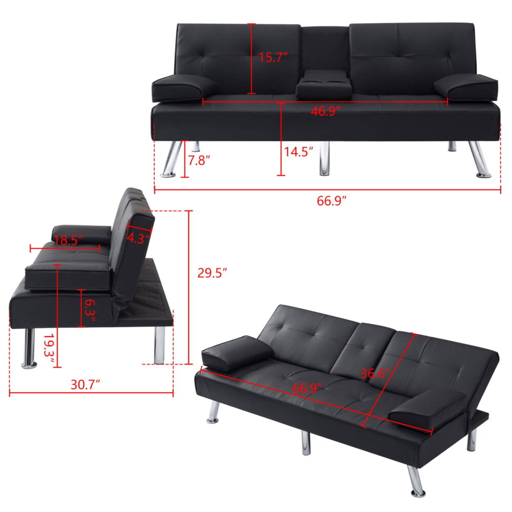 Sofa Bed with Cup Holder Convertible Futon Couches Adjustable Backrest Modern Faux Furniture Upholstery for Living Room - Image 6