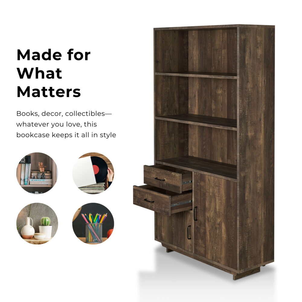 Furniture of America Cadena Multi-Storage Bookcase, Reclaimed Oak - Image 5
