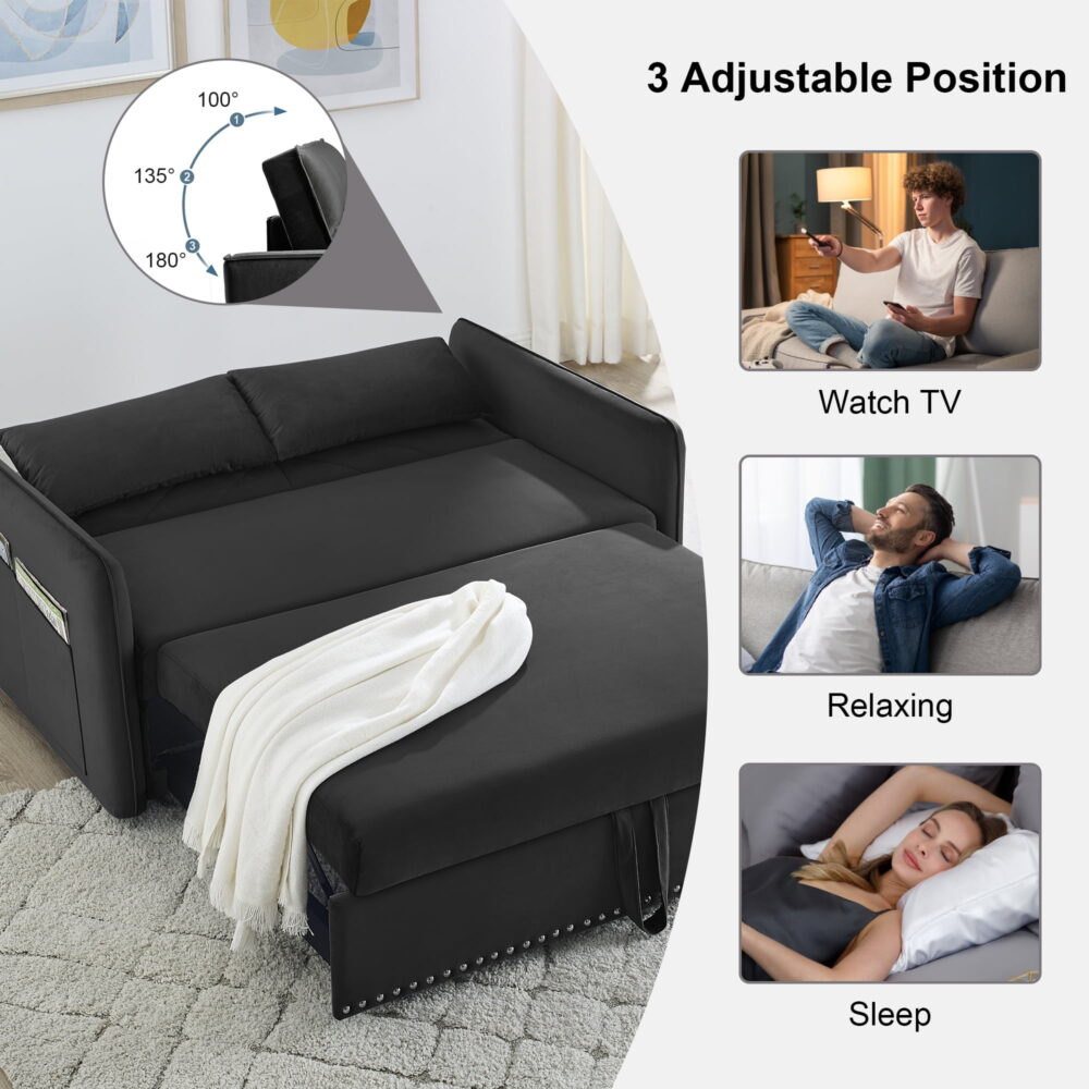 Aukfa 3 in 1 Convertible Sleeper Sofa Bed with 2 Pillows & USB Port, 55" Velvet Loveseat Sofa, Black - Image 5
