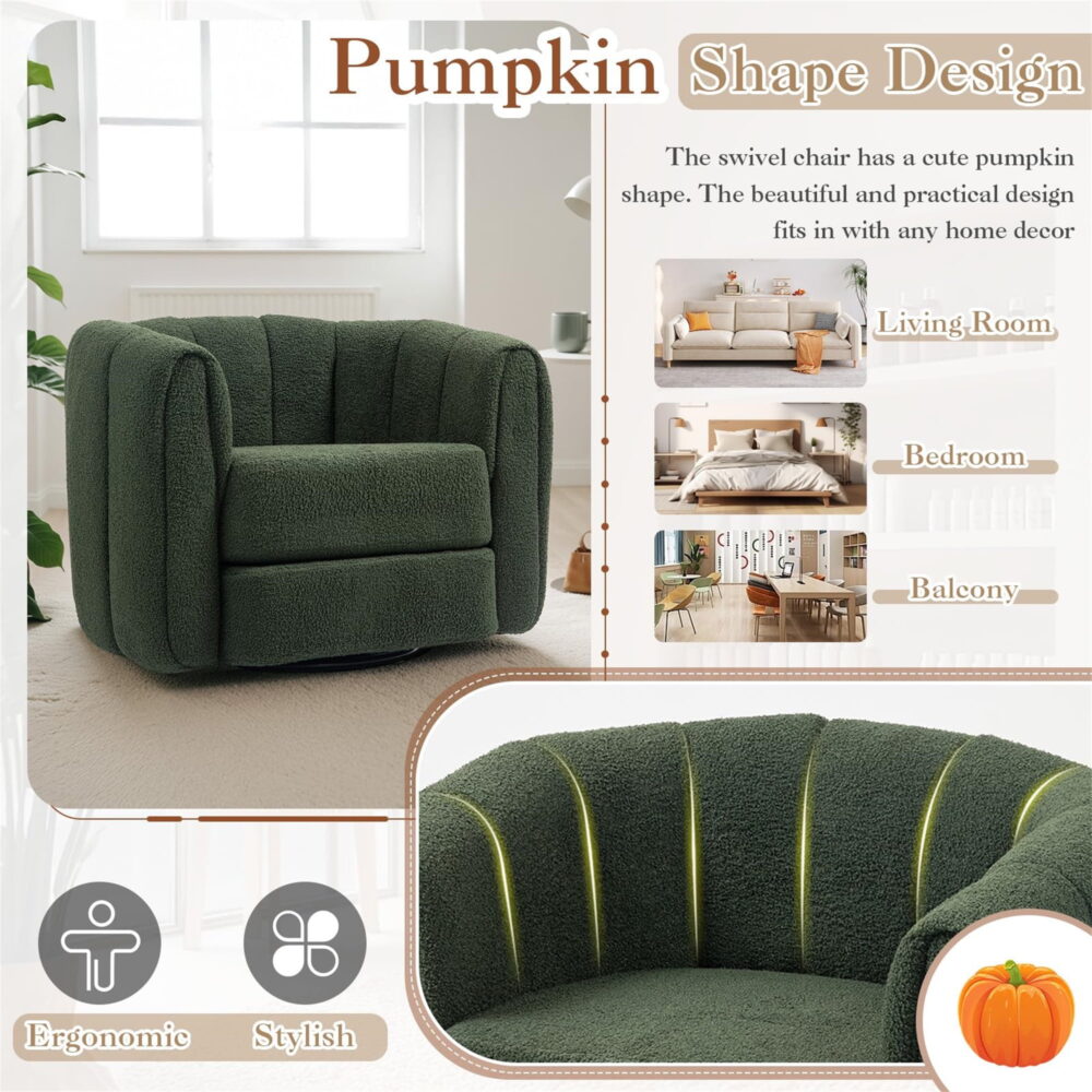 Aukfa 37" Swivel Accent Chair Pumpkin Armchair for Living Room, Bedroom, Teddy Fabric, Green - Image 2